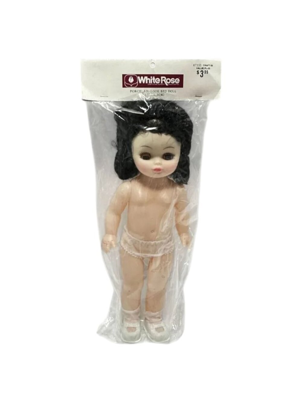 White Rose Doll Plastic Porcelain-Look Bed Girl Brunette 13 inch 1991 New‎